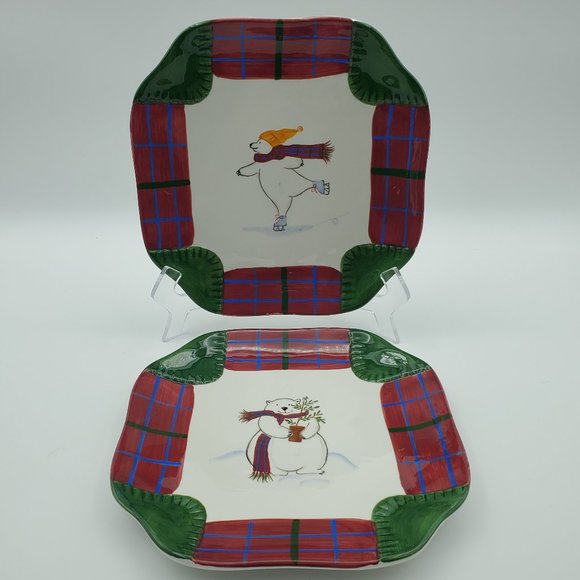 Pfaltzgraff Snow Bear Polar Bear Lunch Salad Cookie Plates Red Green Blue Plaid - Picture 1 of 7